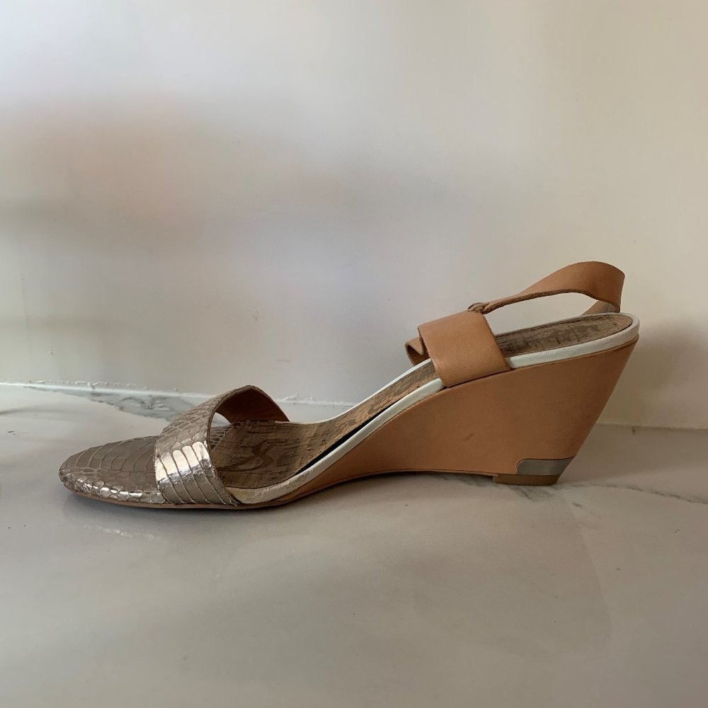 Sam Edelman Tan and Metallic Taupe Wedge Sandals